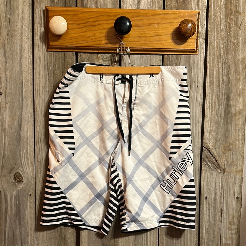 Hurley Black and White Striped board swim shorts